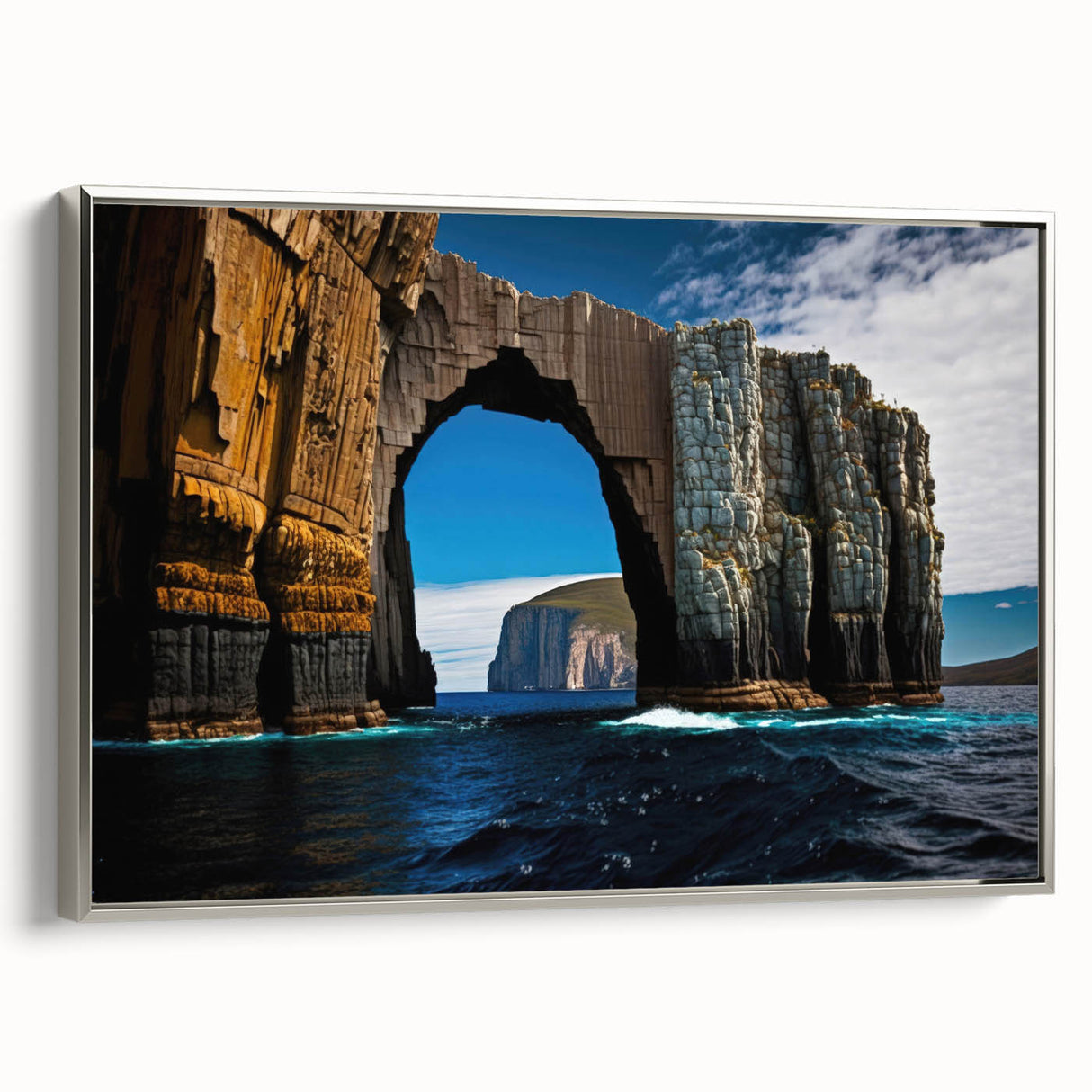 Framed canvas landscape art painting depicting a serene Tasmanian scenery in muted earth tones, ideal for living room decor.