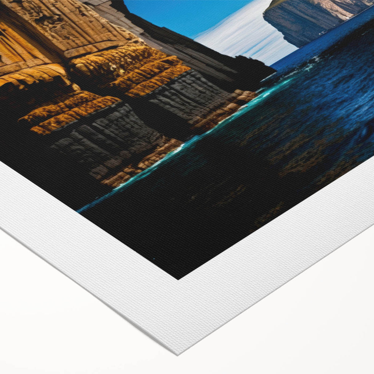 Art deco poster of Tasmania scenery in muted earth tones on rolled canvas, suited for dining room or bathroom wall art.