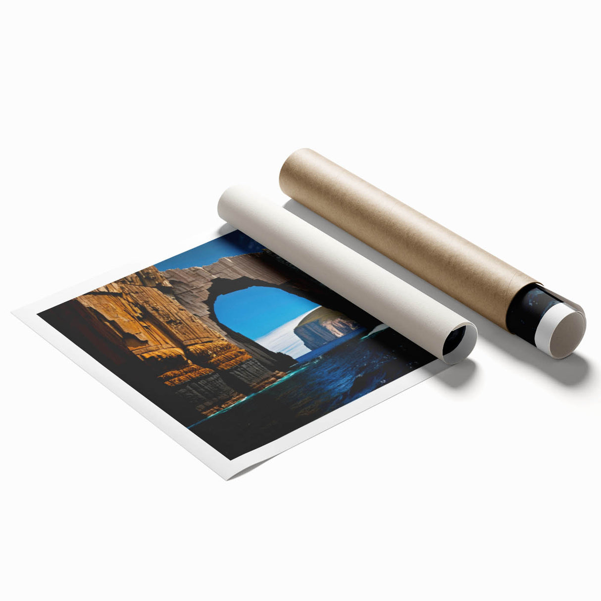 Extra large rolled print of a Tasmanian landscape with muted green and brown tones, ideal for classy bathroom wall art.