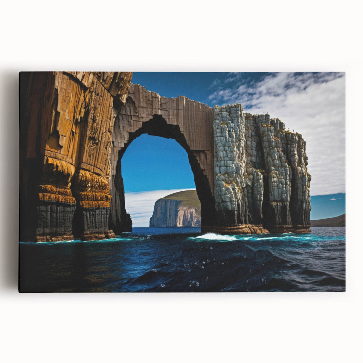 Black and white stretched canvas featuring a serene Tasmania landscape, ideal for kitchen wall art or bedroom ambiance.
