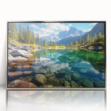 Mid-century modernist art depicting Alberta, Canada scenery in silver-framed acrylic, suitable for modern art wall decor.