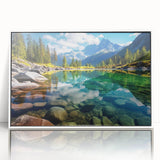 Acrylic print of a serene Alberta, Canada landscape in muted earth tones, framed in white, suitable for modern nursery decor.