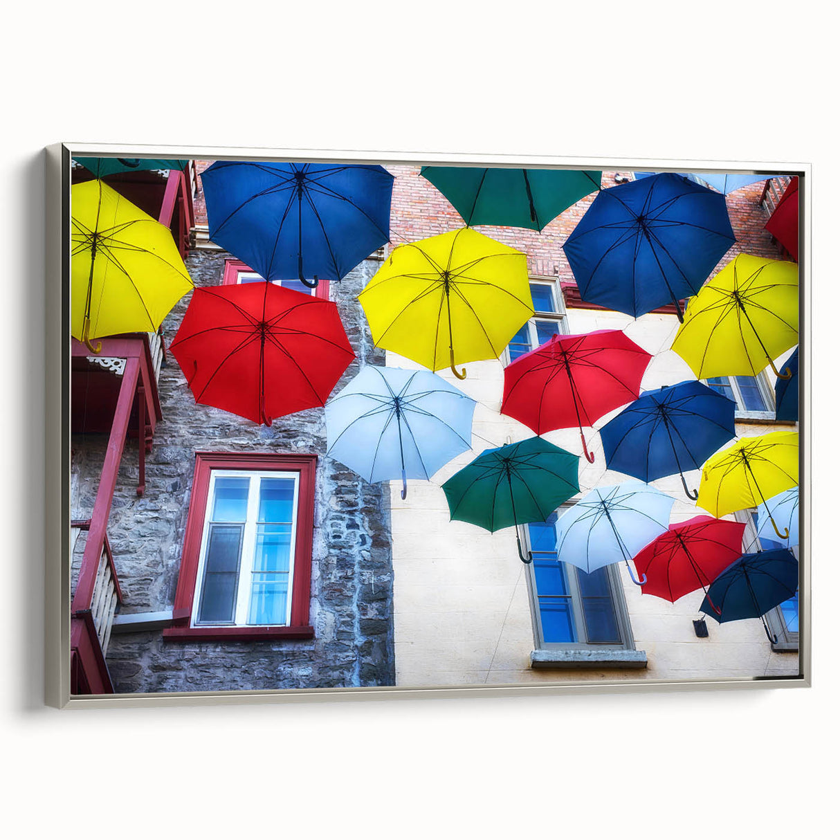 Framed canvas featuring a vintage-style landscape art painting of Quebec scenery in muted colors.