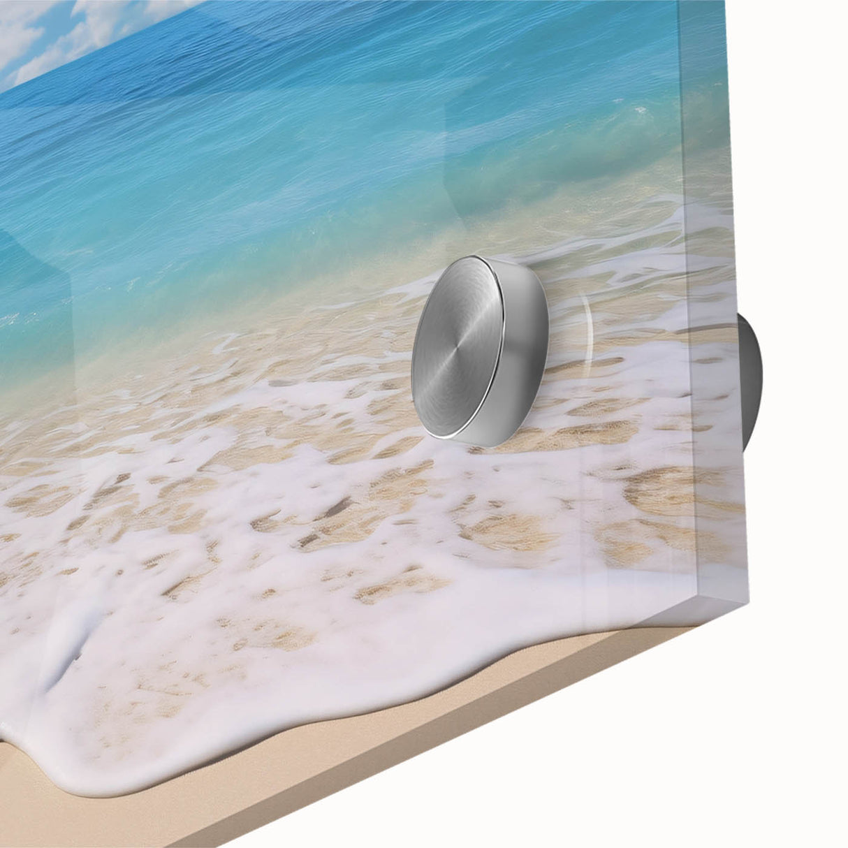 Large abstract wall art depicting Caribbean scenery in vibrant blue and green tones on acrylic glass.