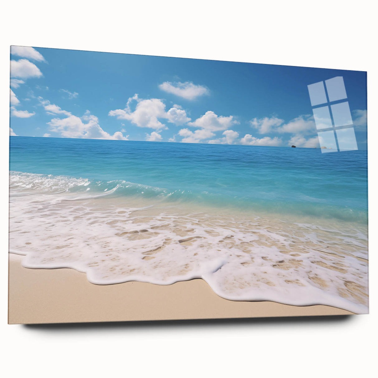 Large abstract wall art of Caribbean scenery on acrylic glass, in vibrant oceanic blues and greens.