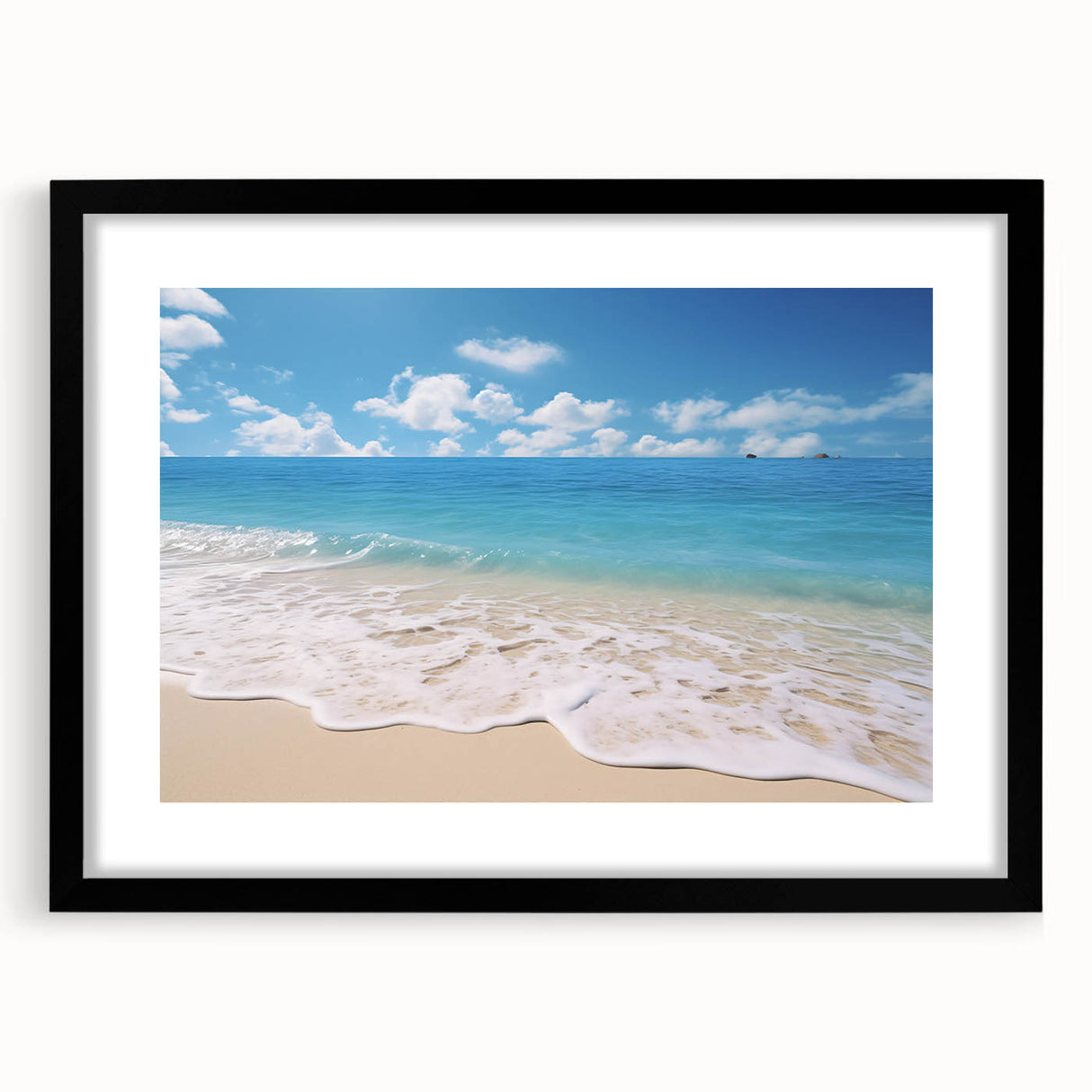 Extra large abstract art print featuring vibrant Caribbean scenery on textured canvas, framed in black.