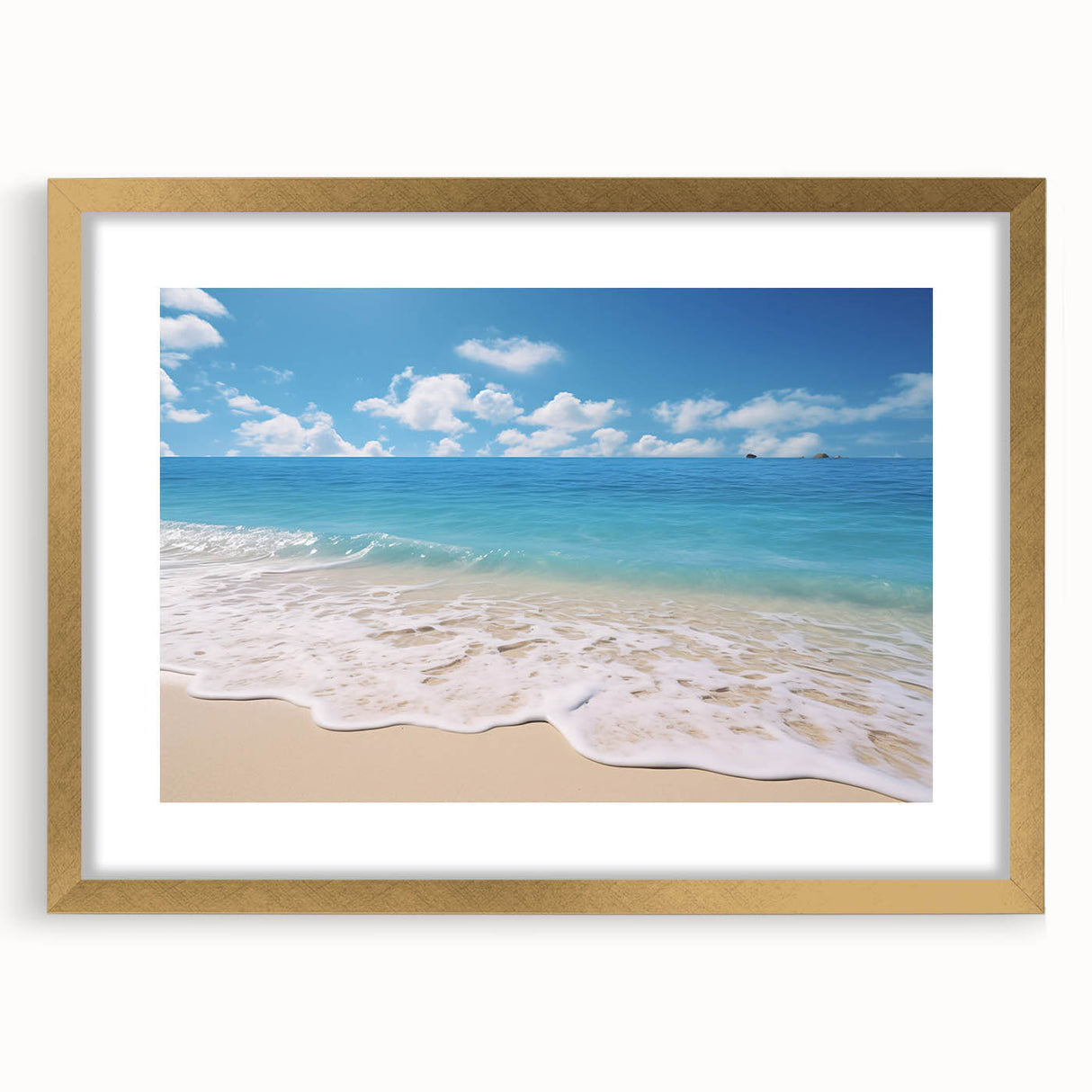 Abstract art print of Caribbean scenery in muted blue and green tones, framed in gold, suitable for dining room decor.