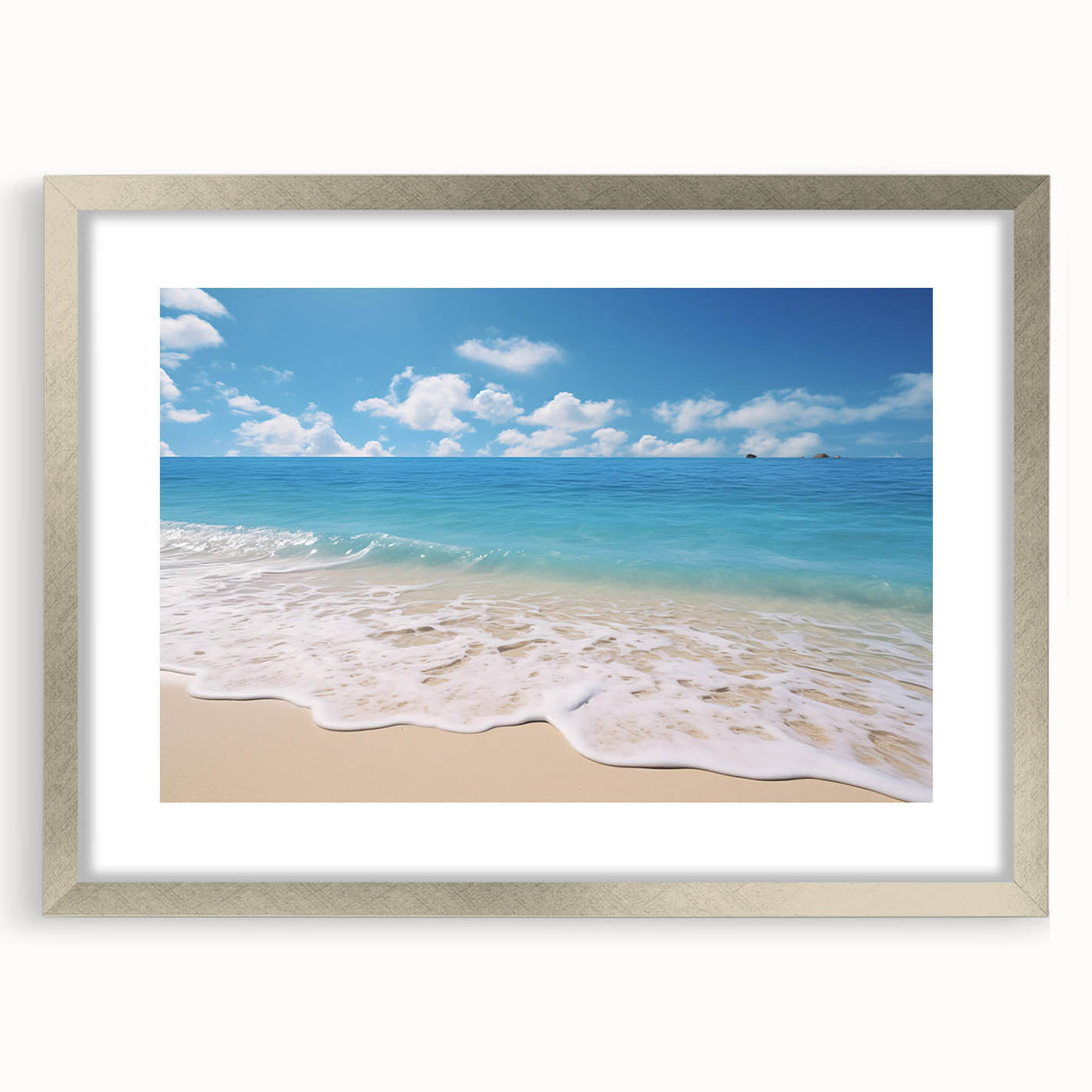 Extra large abstract art print depicting a textured Caribbean scenery in muted blue and green tones on a framed canvas.