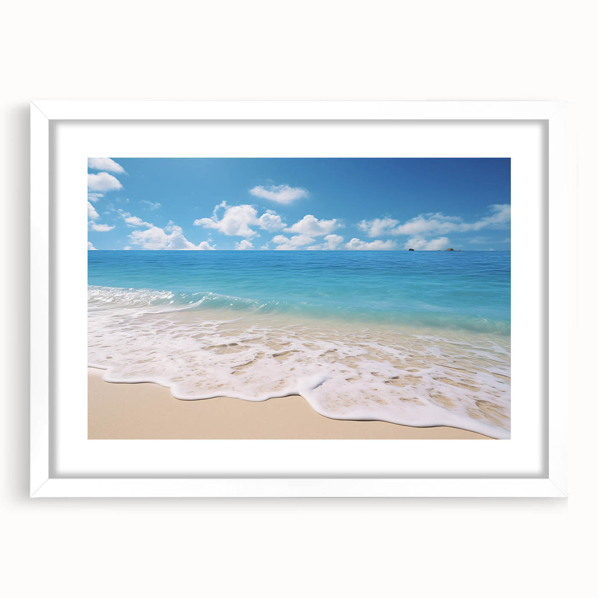 Textured abstract art print depicting a Caribbean scenery in muted blue and green tones on a framed white mat.