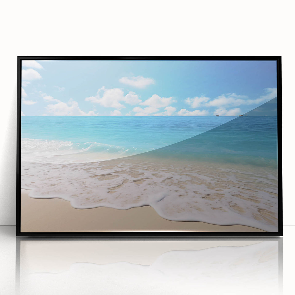 Large abstract wall art depicting Caribbean scenery in vibrant blue and green tones on a framed acrylic.