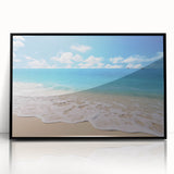 Large abstract wall art depicting Caribbean scenery in vibrant blue and green tones on a framed acrylic.