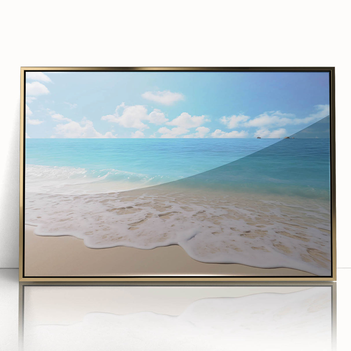 Art deco poster of Caribbean Antigua scenery in a gold-framed acrylic, showcasing vibrant blue and green hues.