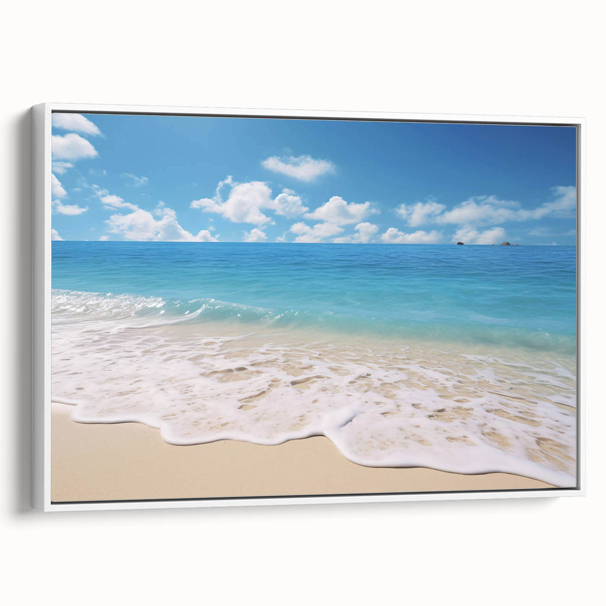 Extra large framed canvas of vintage poster art depicting a Caribbean Antigua scenery in colorful tones.