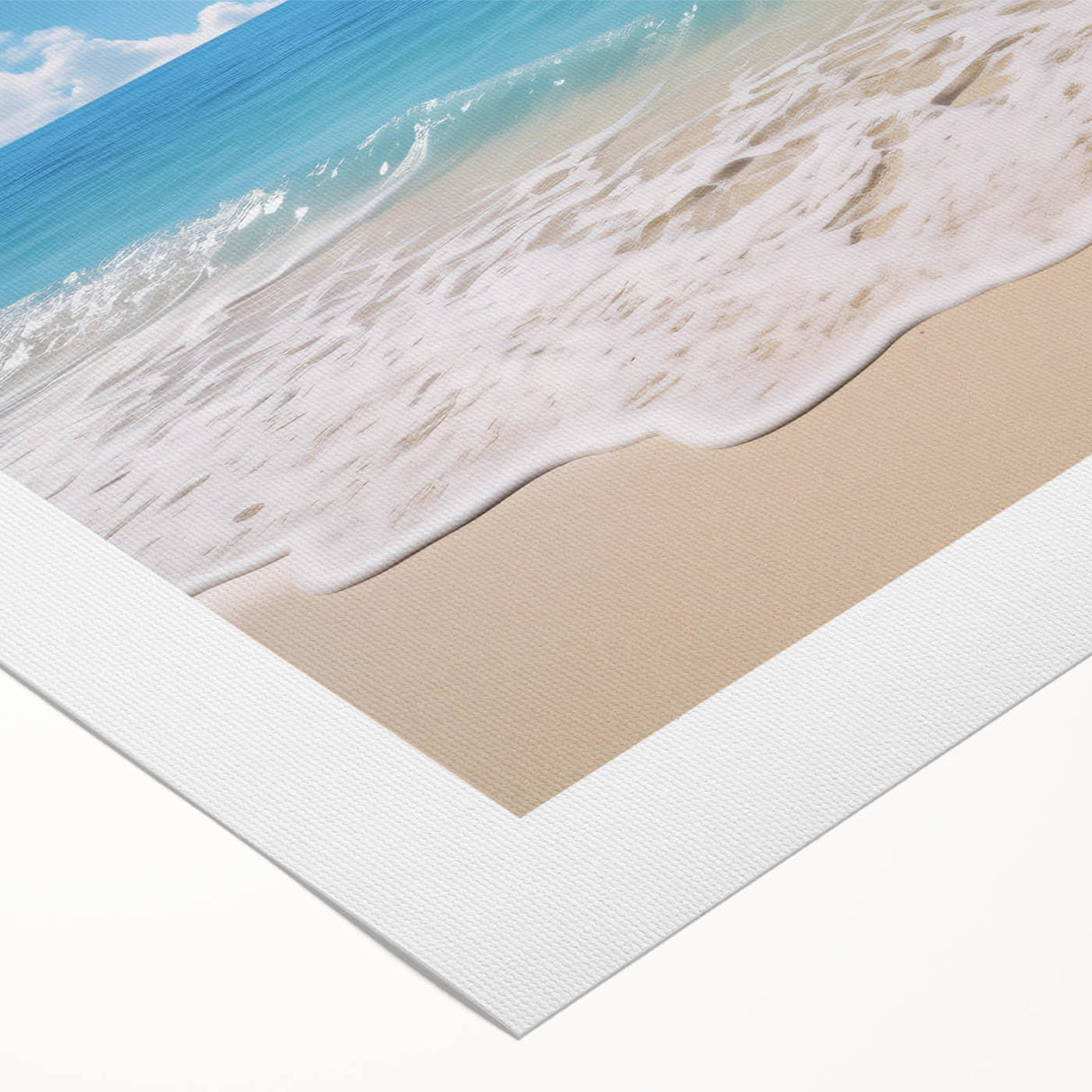 Art deco poster of a Caribbean scenery in muted aqua and beige tones on rolled canvas, suitable for dining room decor.