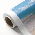 Art deco poster of Antigua scenery on rolled canvas, featuring pastel blue and green tones, ideal for nursery wall art.