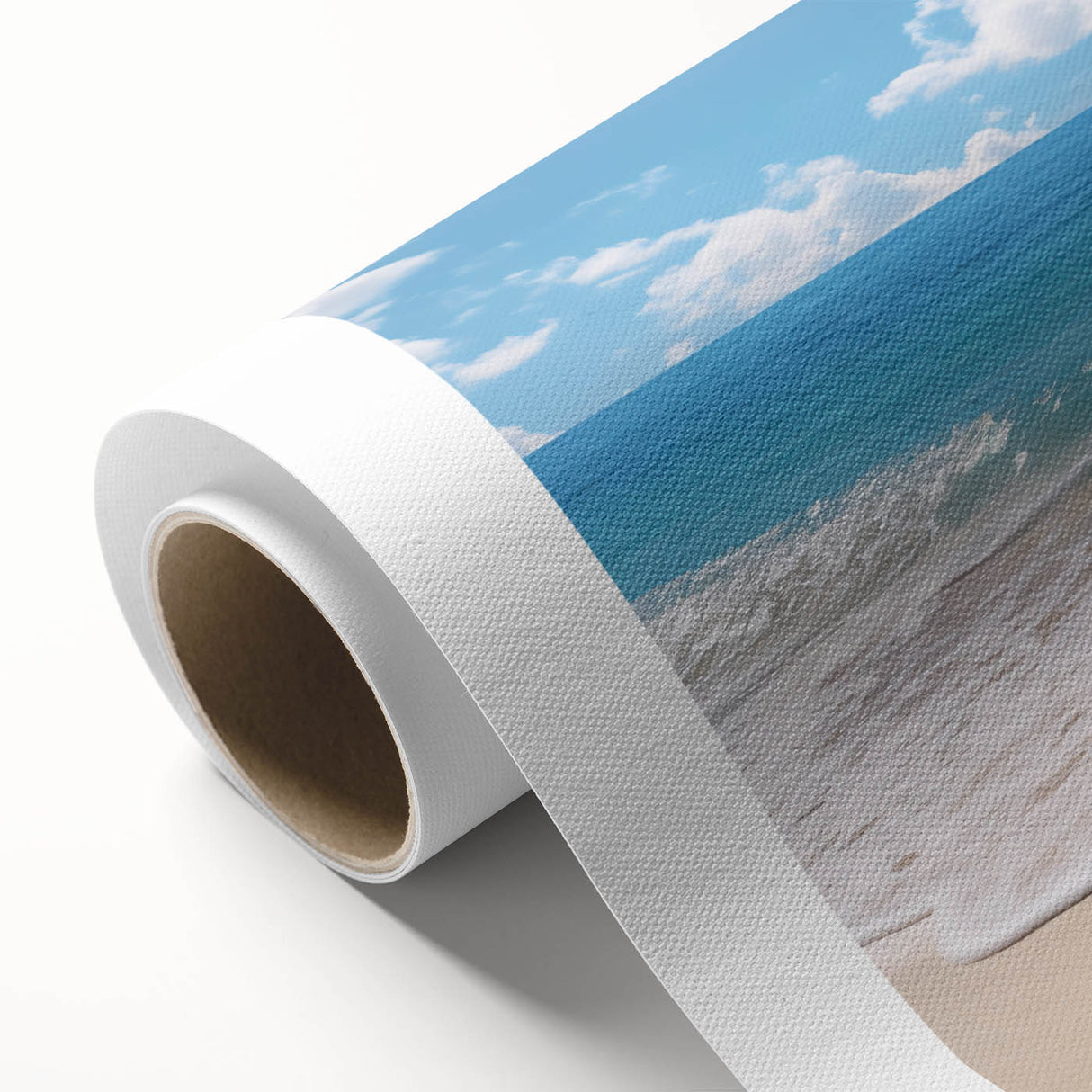 Art deco poster of Antigua scenery on rolled canvas, featuring pastel blue and green tones, ideal for nursery wall art.