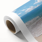 Art deco poster of Antigua scenery on rolled canvas, featuring pastel blue and green tones, ideal for nursery wall art.