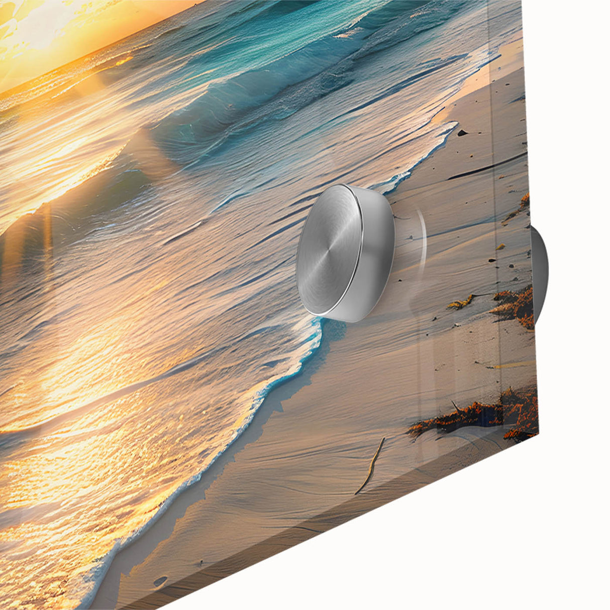Large abstract wall art of Caribbean scenery in muted blue and green tones on acrylic glass, ideal for dining room ambiance.