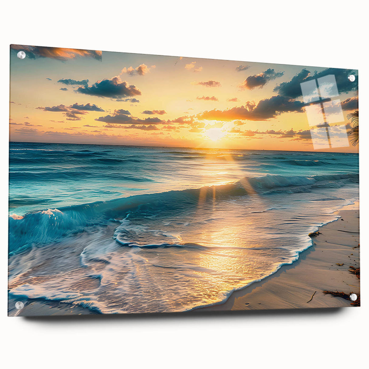 Acrylic print of a Caribbean scenery with vivid blue and turquoise tones, suitable for bedroom or dining room decor.