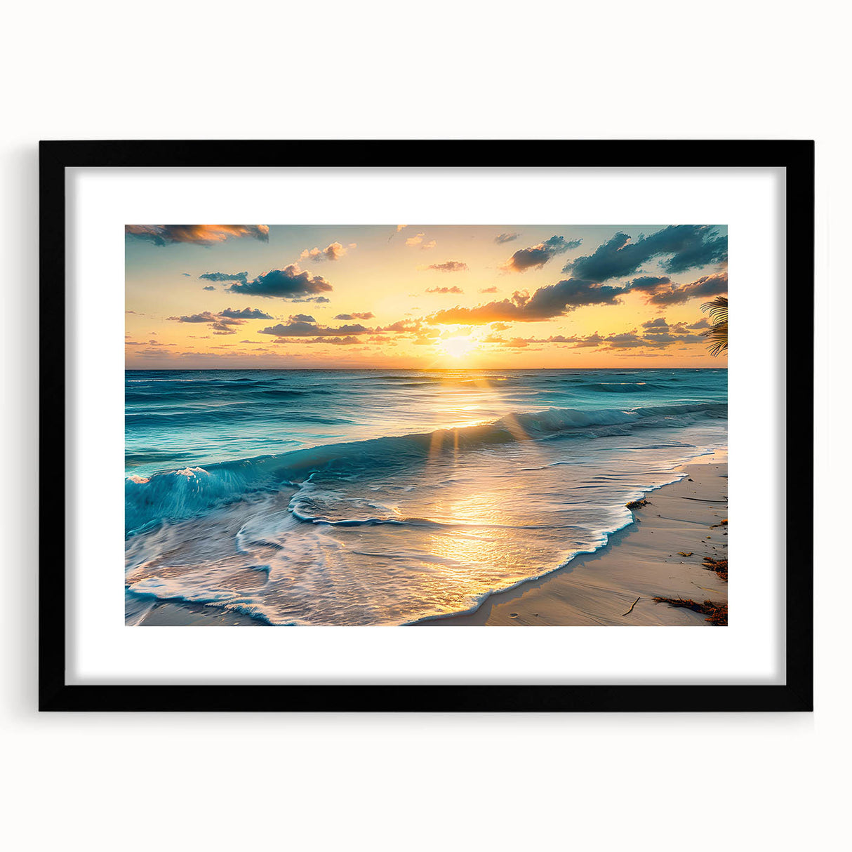Extra large abstract art print of a Caribbean scenery in vibrant colors on a textured canvas, framed in black.