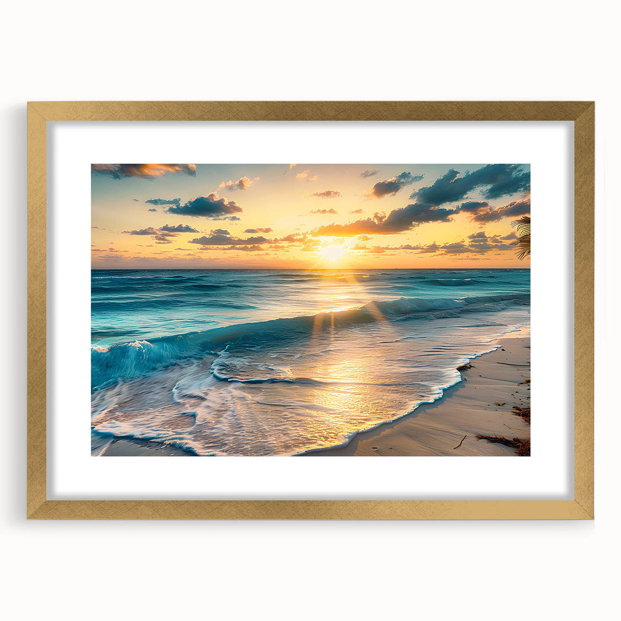 Abstract art print of Caribbean scenery in gold frame, featuring blue and green hues, ideal for dining room decor.