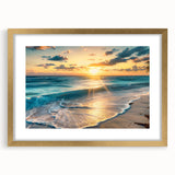 Abstract art print of Caribbean scenery in gold frame, featuring blue and green hues, ideal for dining room decor.