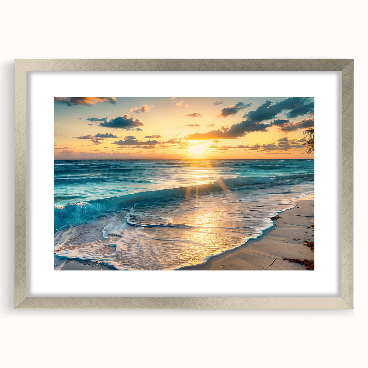 Extra large abstract art print of Caribbean scenery in textured style, with silver frame, ideal for living room decor.