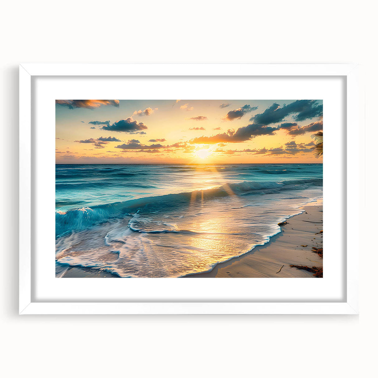Textured art depicting an abstract Caribbean seascape in cool blue and white tones, framed with a white mat.
