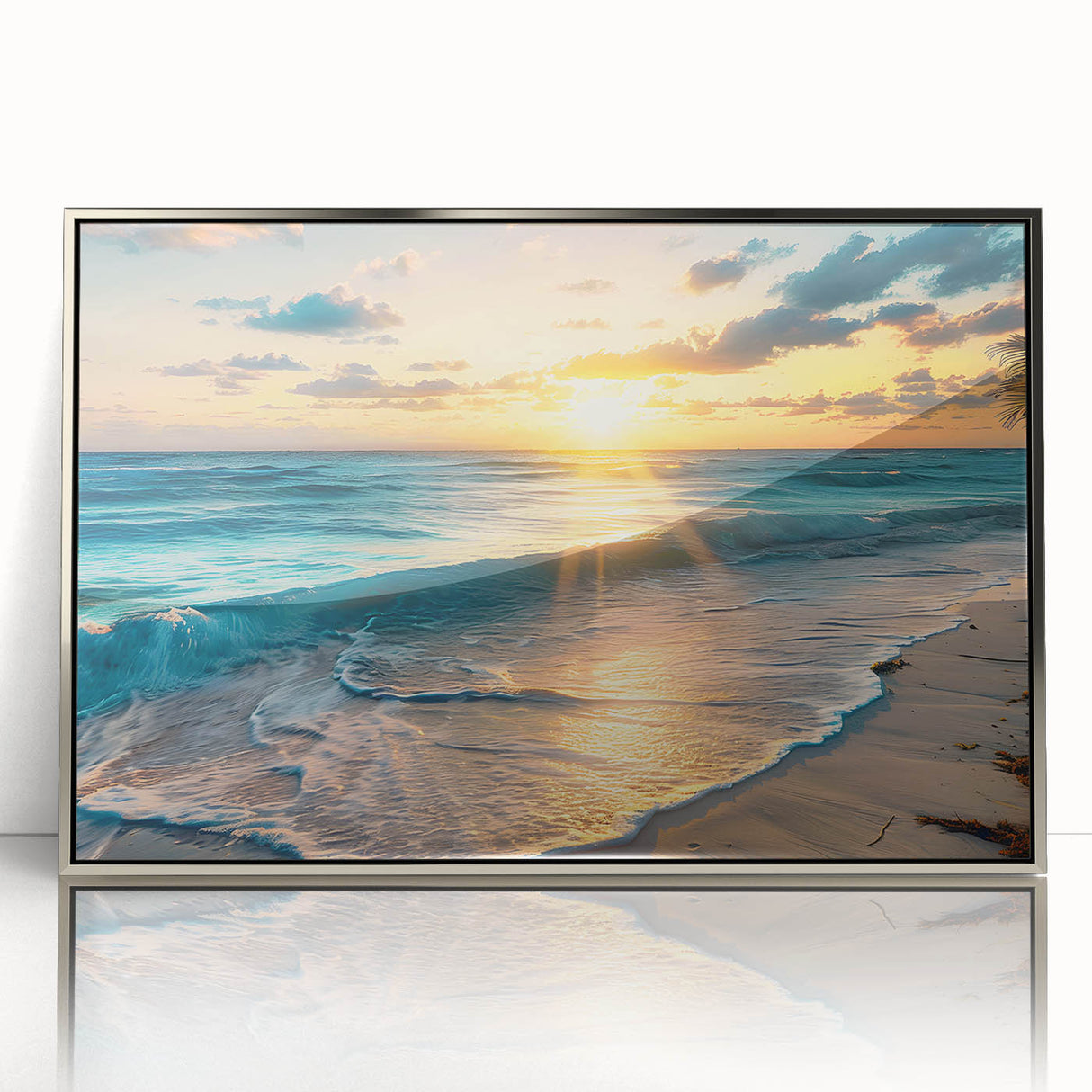 Framed acrylic print of a serene Bahamian coastline in soft blue and green tones, ideal for modern art wall decor.