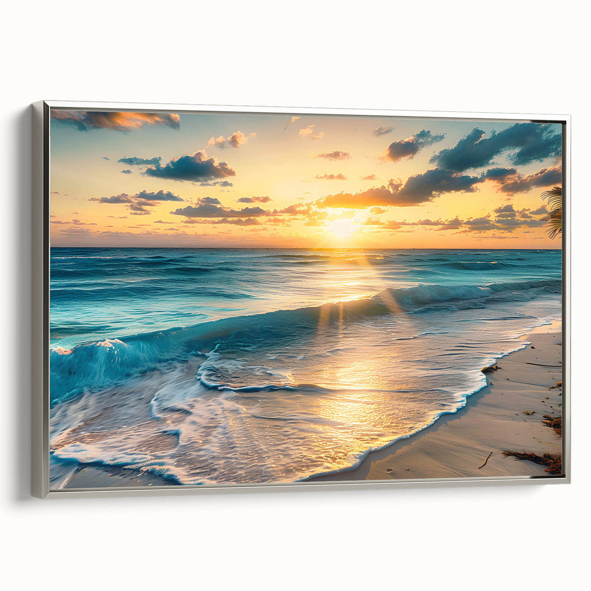 Landscape art painting of the Caribbean Bahamas on a framed canvas, featuring vibrant blue and green tones.