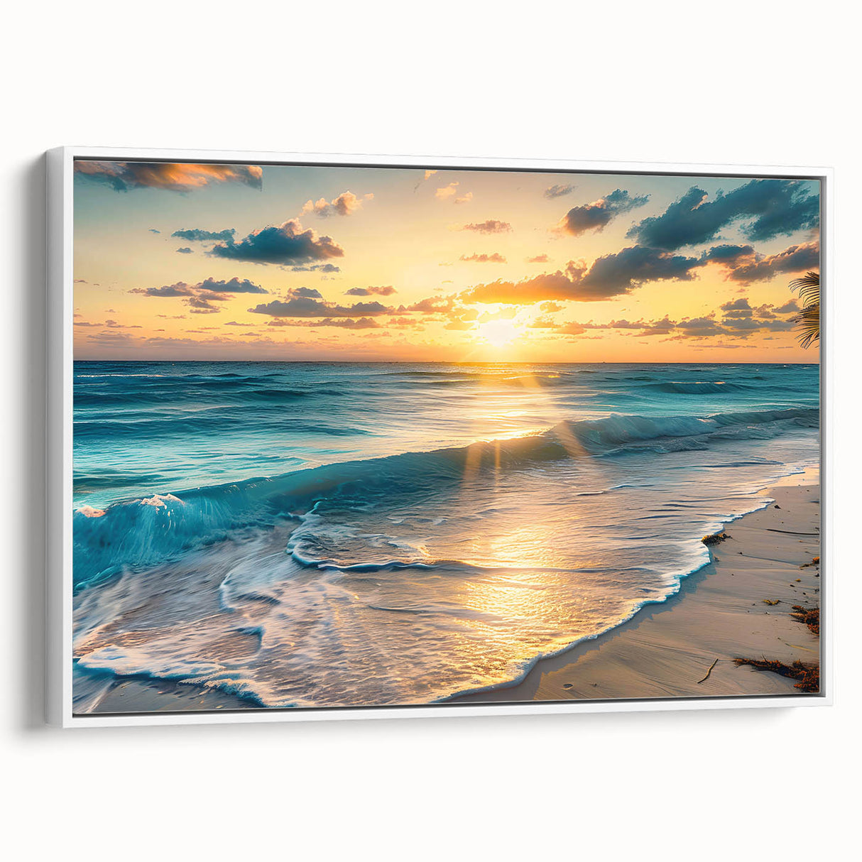 Vintage poster art of Caribbean scenery on framed canvas, featuring vibrant blue and green tones.