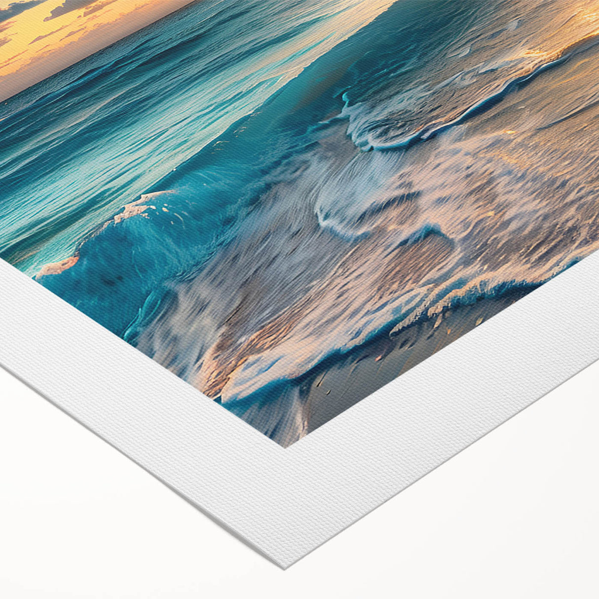 Art deco poster depicting a Caribbean scenery in pastel blue and pink tones on rolled canvas.