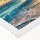 Art deco poster depicting a Caribbean scenery in pastel blue and pink tones on rolled canvas.