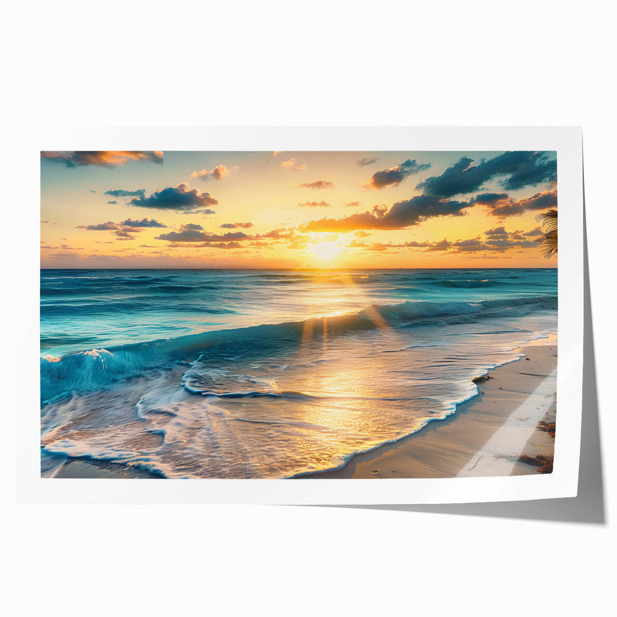 Extra large rolled print of a Caribbean beach scene with vibrant blue and sandy hues, ideal for art wall dining room.