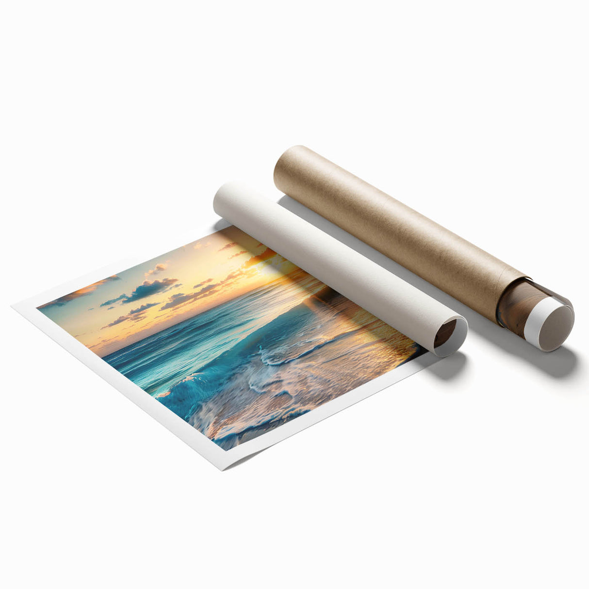 Extra large rolled print featuring a serene Caribbean beach scene with soft blue and sandy tones.