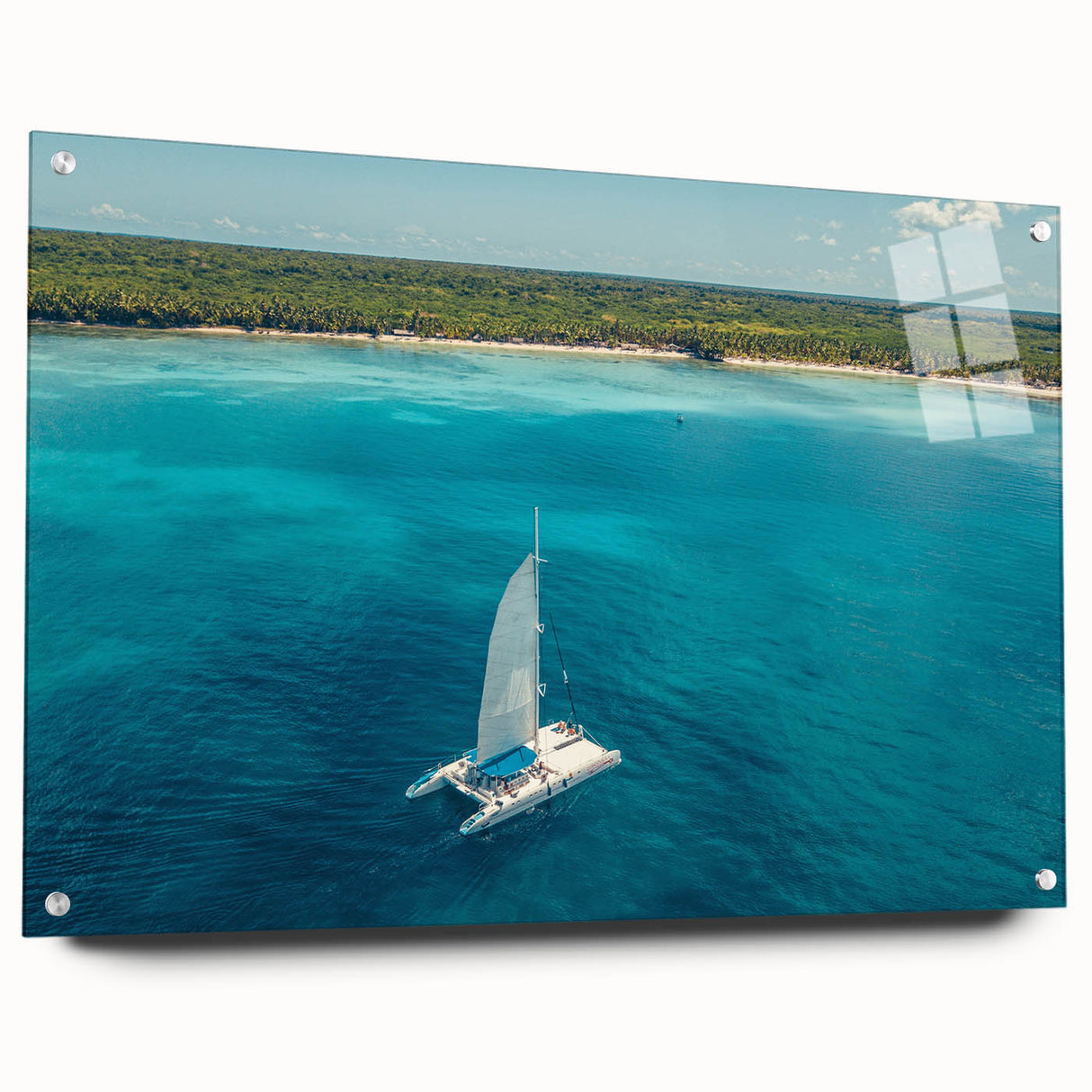 Acrylic print of a large abstract Caribbean scenery in vibrant blue and green tones, ideal for bedroom or dining room decor.