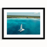 Abstract art print with vibrant Caribbean scenery in textured colors on a large framed canvas, ideal for living room decor.