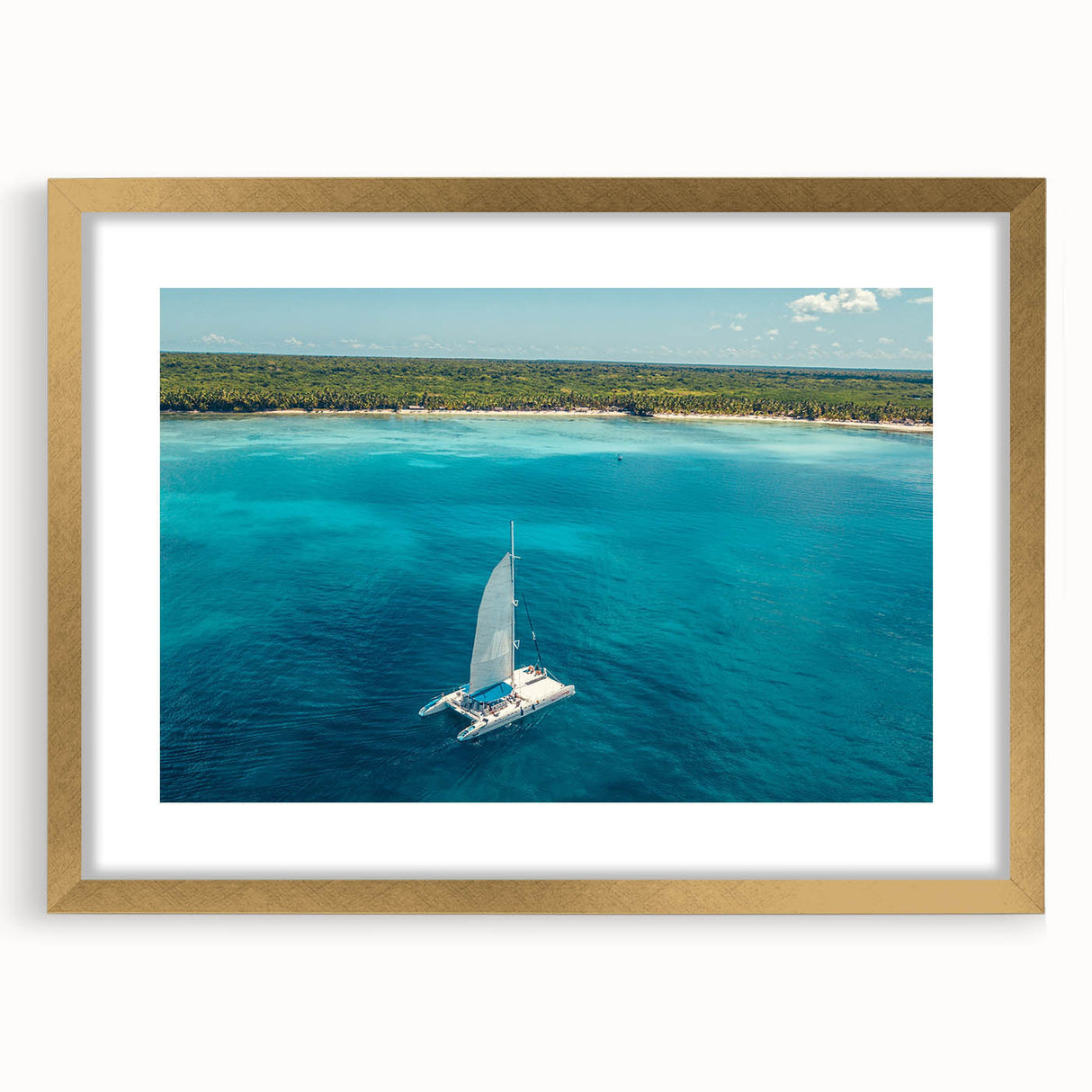 Abstract art print of Caribbean scenery in gold frame, ideal for dining room decor.