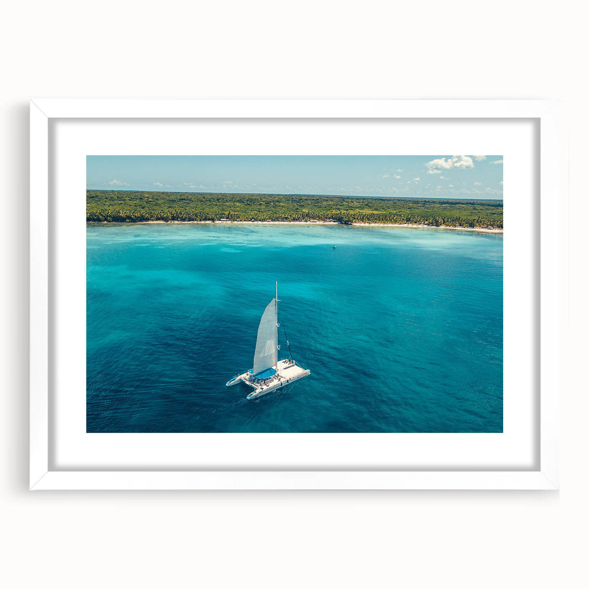 Textured art print of an abstract Caribbean scene in muted blue and green tones on a framed white mat.