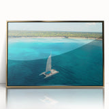 Mid-century modernist art depicting a Caribbean landscape on a framed acrylic, using vibrant blue and green hues.