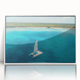 Large acrylic print of a Caribbean scene in muted blue and green, framed in white, suitable for nursery or modern decor.
