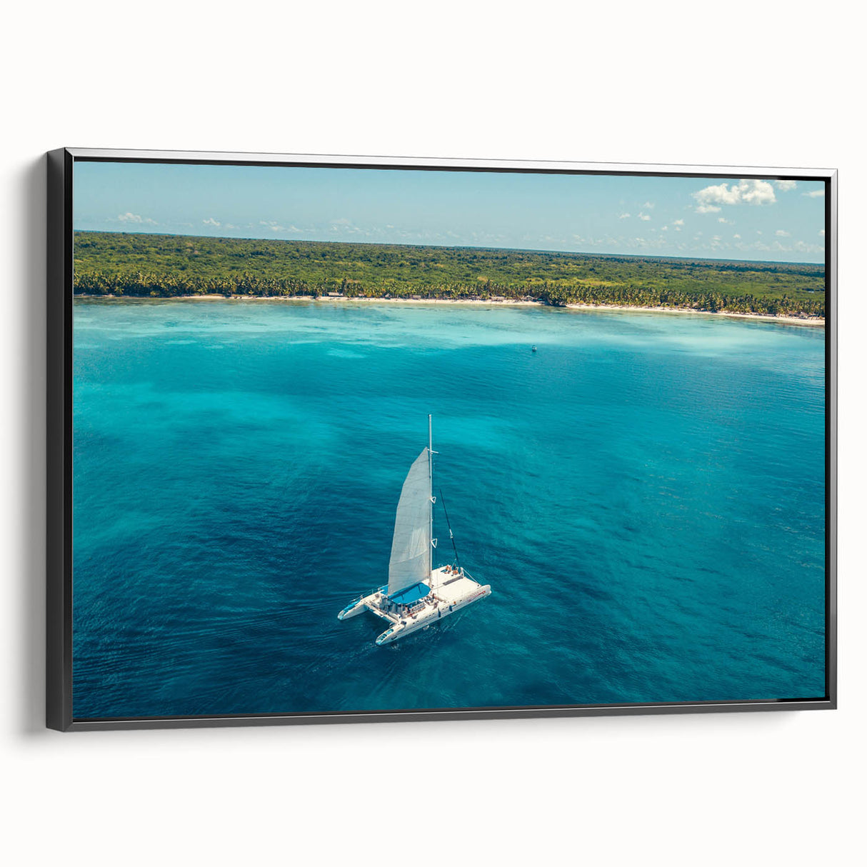 Black and white landscape art painting of a Caribbean scene on framed canvas, suitable for bedroom decor.