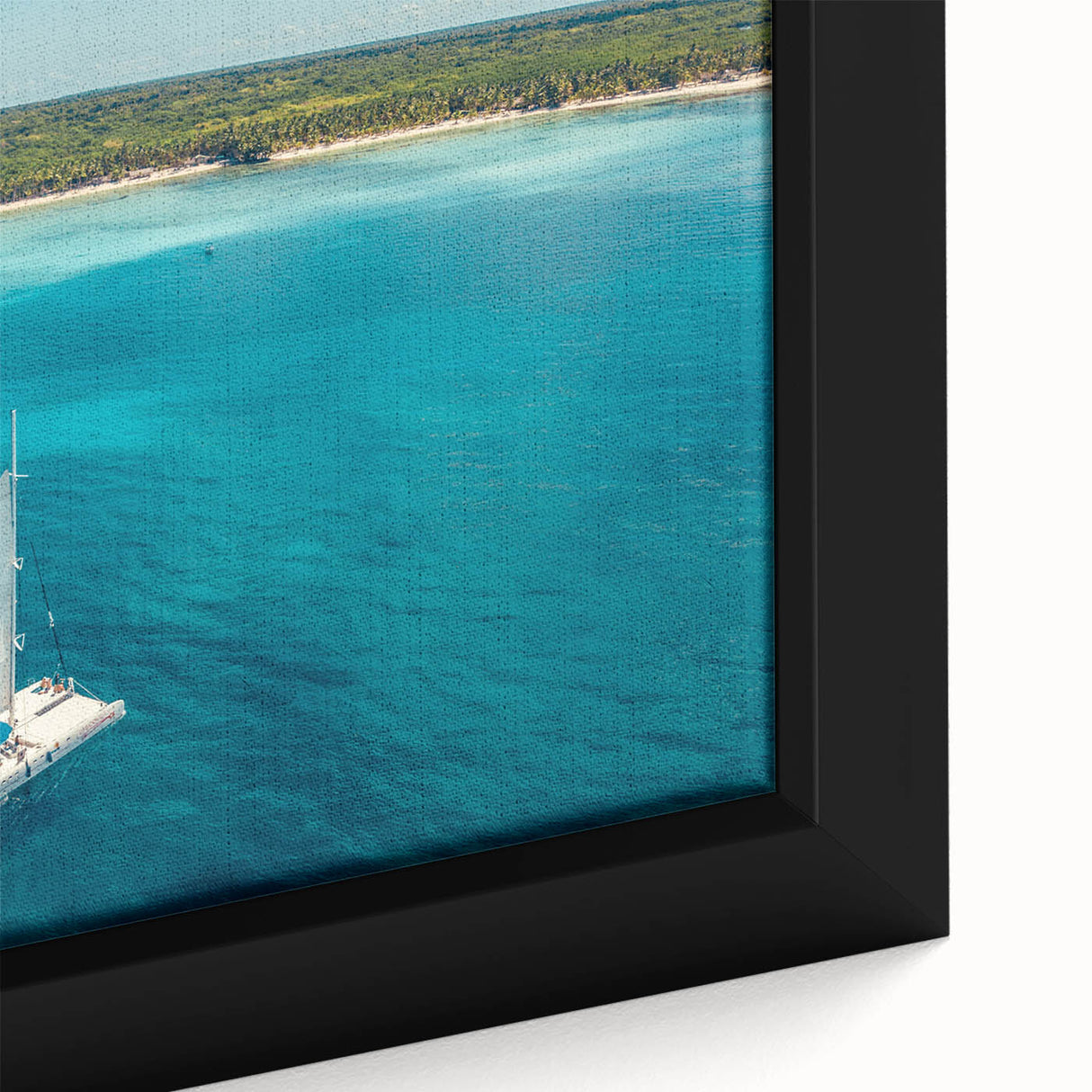 Extra large framed canvas featuring textured, colorful Caribbean scenery, ideal for living room decor.