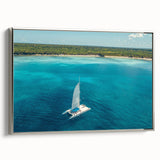 Landscape art painting of a Caribbean scene on framed canvas, featuring vibrant colors with a vintage poster style.