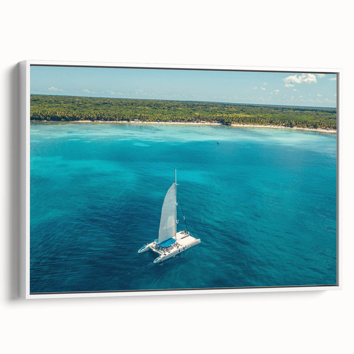 Vintage poster art of a Caribbean scene on framed canvas, featuring vibrant colors, ideal for living room decor.