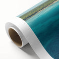 Art deco poster of a Caribbean beach scene in pastel shades, printed on rolled canvas, ideal for nursery wall art.