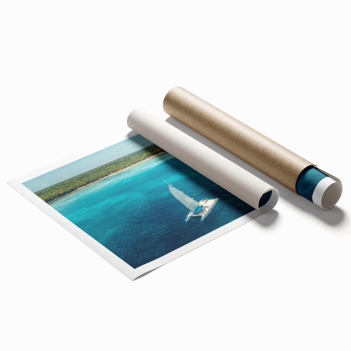 Extra large rolled print featuring a serene Caribbean beach scene with soft blue and sandy tones.