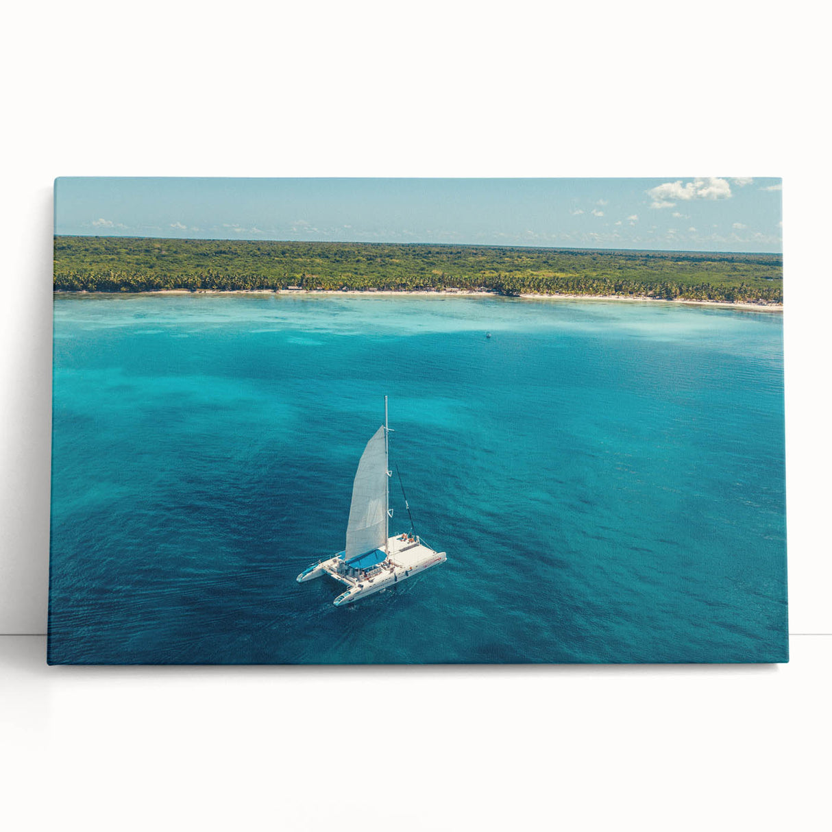 Black and white stretched canvas of a Caribbean beach scene, ideal for kitchen wall art.
