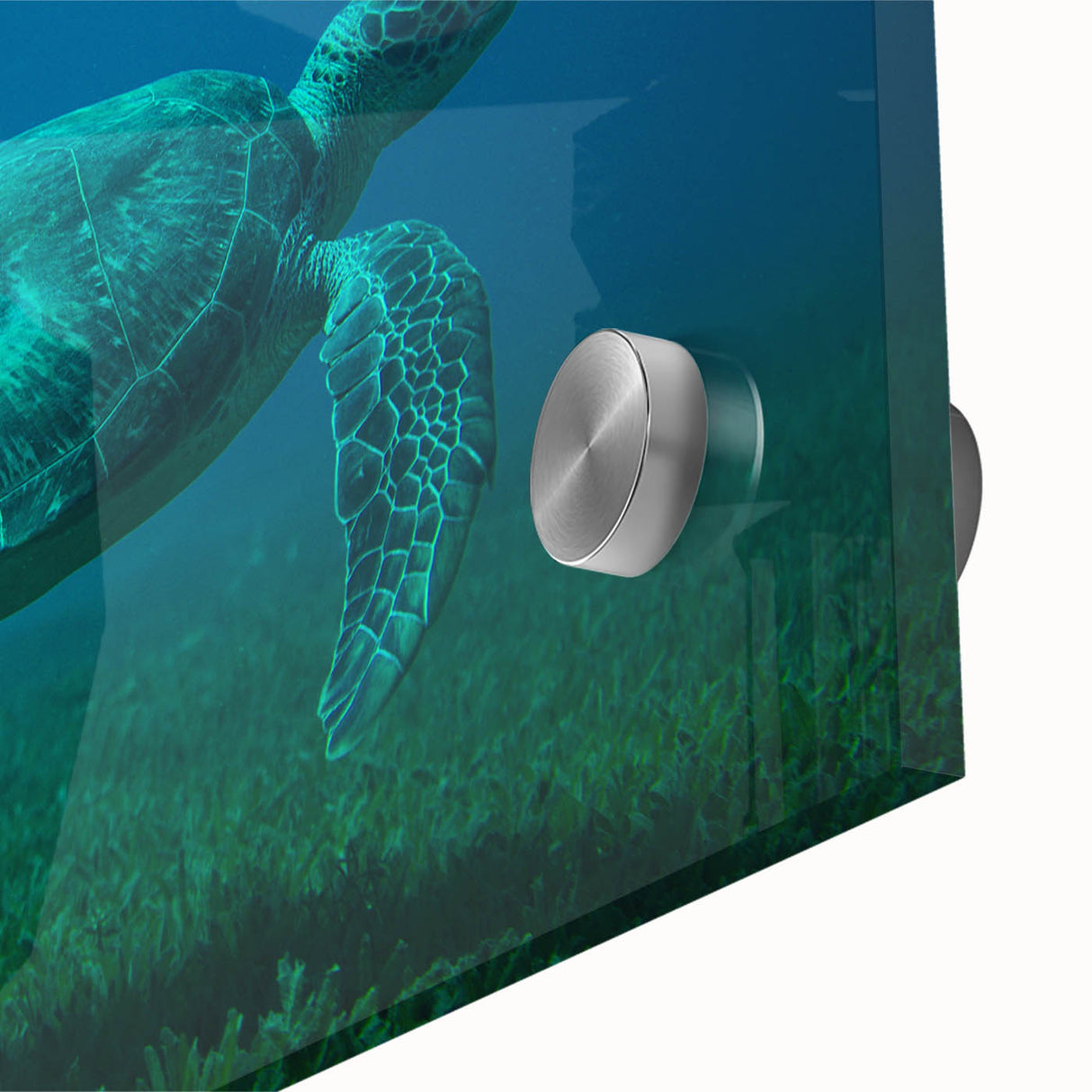 Large abstract wall art depicting Caribbean scenery in vibrant blue and green tones on acrylic glass.