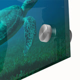 Large abstract wall art depicting Caribbean scenery in vibrant blue and green tones on acrylic glass.
